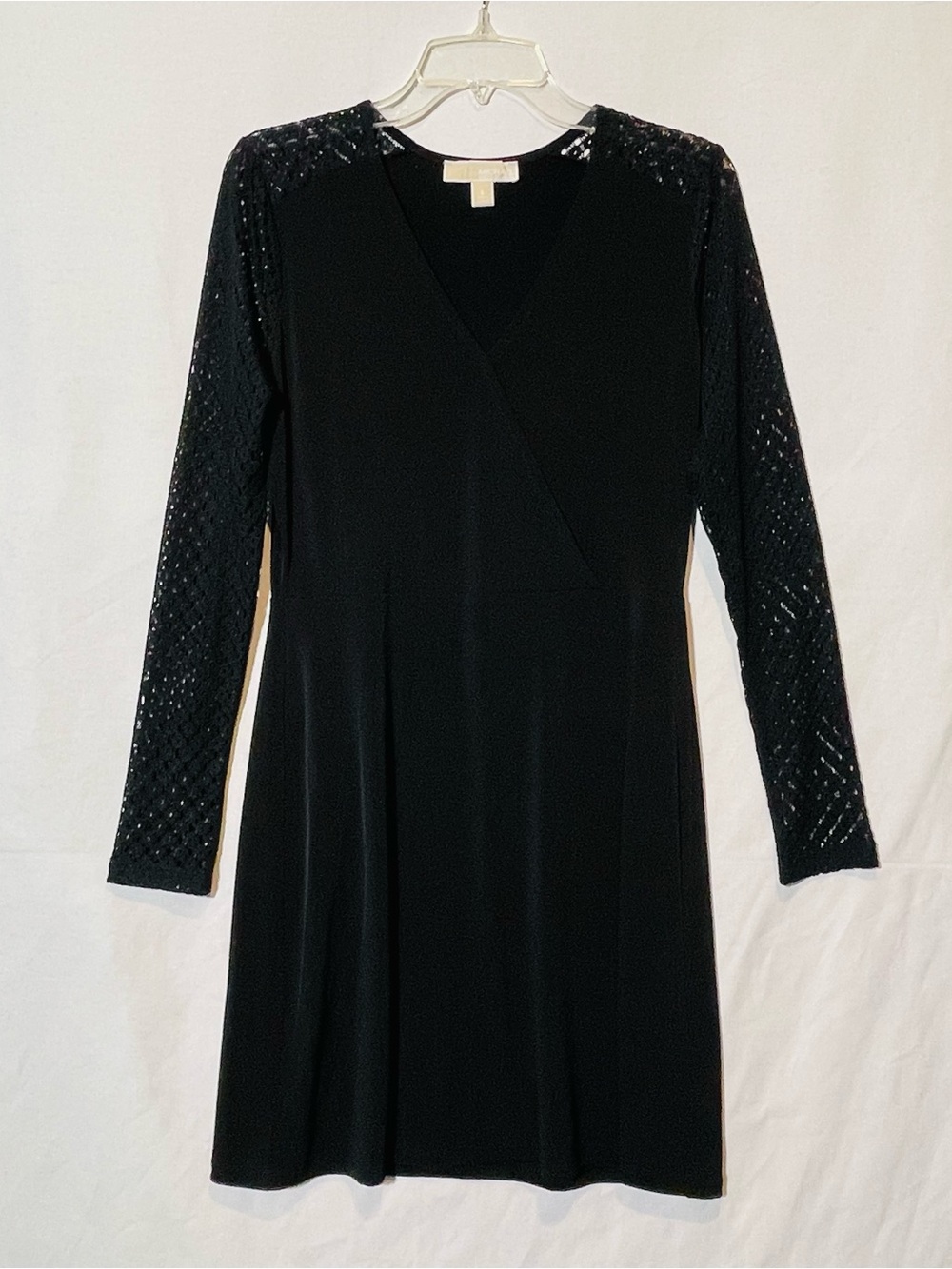 Michael Kors Black Long-Sleeve V-Neck Dress with Lace Sleeves